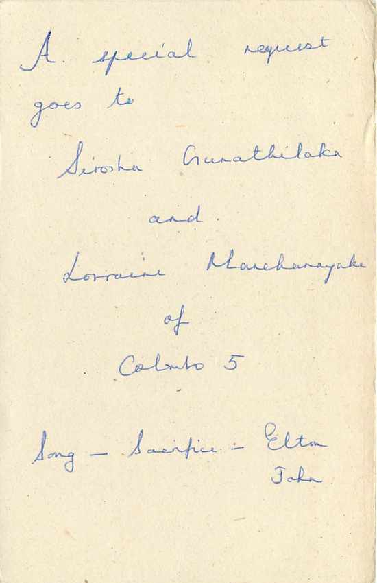 Sri Lanka — Carte postale avec demande musicale — éditeur inconnu — Rückseite