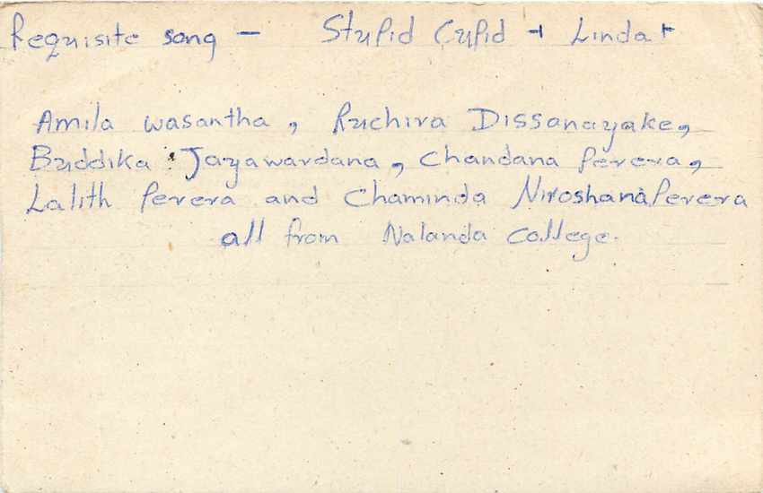 Sri Lanka — Carte postale avec demande de chansons — éditeur inconnu — Verso