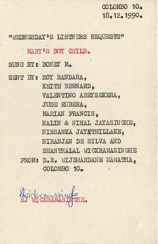 Sri Lanka — 'Wednesday's Listeners Requests' — C/O English Service, S.L.B.C., Colombo — Verso