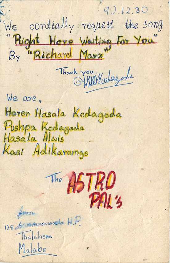 Astro Pal's — Thalahaena Malabe — demande de chanson — Sri Lanka — Verso