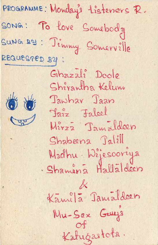 Carte postale Sri Lanka — Programme radio 'Monday's Listener's Requests' — éditeur Sri Lanka — Verso