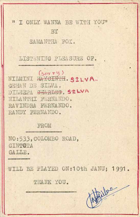 Carte postale de Sri Lanka — 'I Only Wanna Be With You' par Samantha Fox — destinée à S.L.B.C. Colombo — Verso