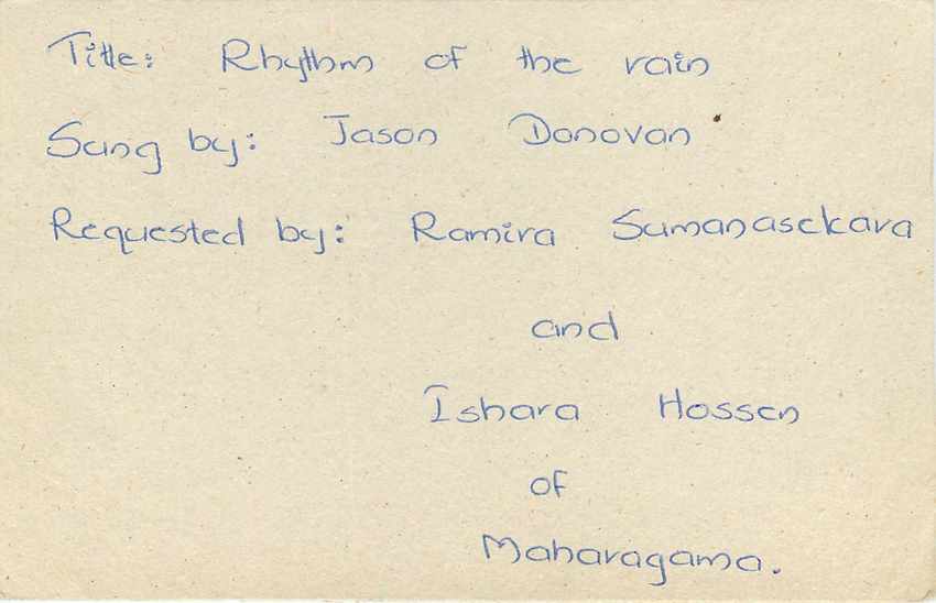 Rhythm of the rain — Lied von Jason Donovan — Anfrage von Ramira Sumanasakara und Ishara Hossen aus Maharagama — Rückseite