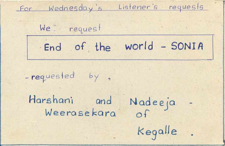 Demandes de听众 — Sri Lanka — SLBC Colombo — Verso