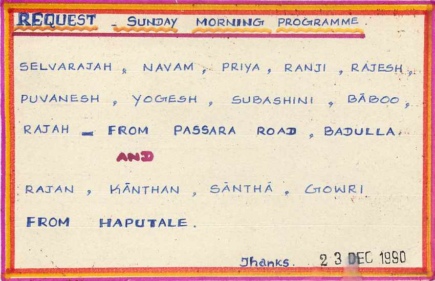 Programme radio - Sunday Morning - Sri Lanka — éditeur inconnu, n° de série non visible — Verso