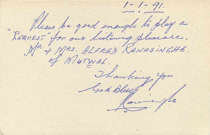 Sri Lanka — Carte postale originale — S.L.B.C. Colombo — Verso