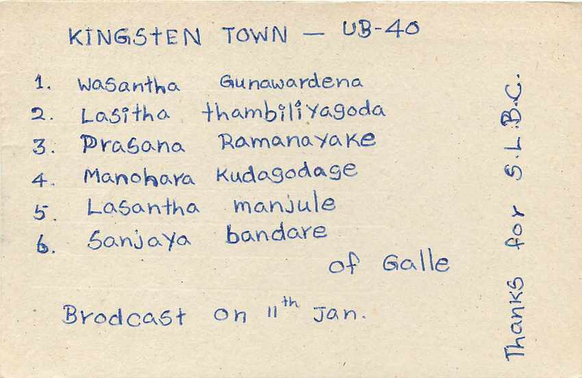 Kingstenten Town — UB-40 — Galle — S.L.B.C. — Verso