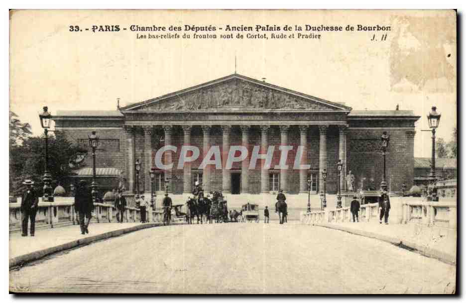 La Chambre des Deputes-Ancien Palais de la Duchesse de Bourbon-Les bas-reliefs du fronton sont de Cordot Rude et Pradier