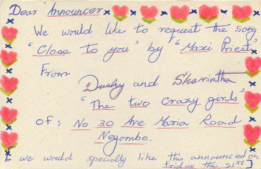 Carte postale de Sri Lanka — demande de chanson — éditeur Sri Lanka — Verso