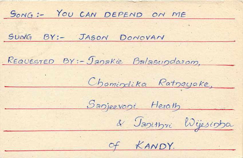 Chamindika Ratnayake & Sanjeevani Herath — 'You Can Depend on Me' — Sri Lanka Post Card — Rückseite