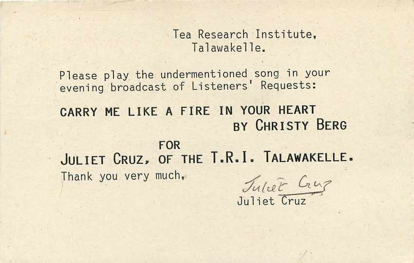 Carte postale de Sri Lanka — demande de diffusion musicale — éditeur Sri Lanka Broadcasting Corporation — Verso
