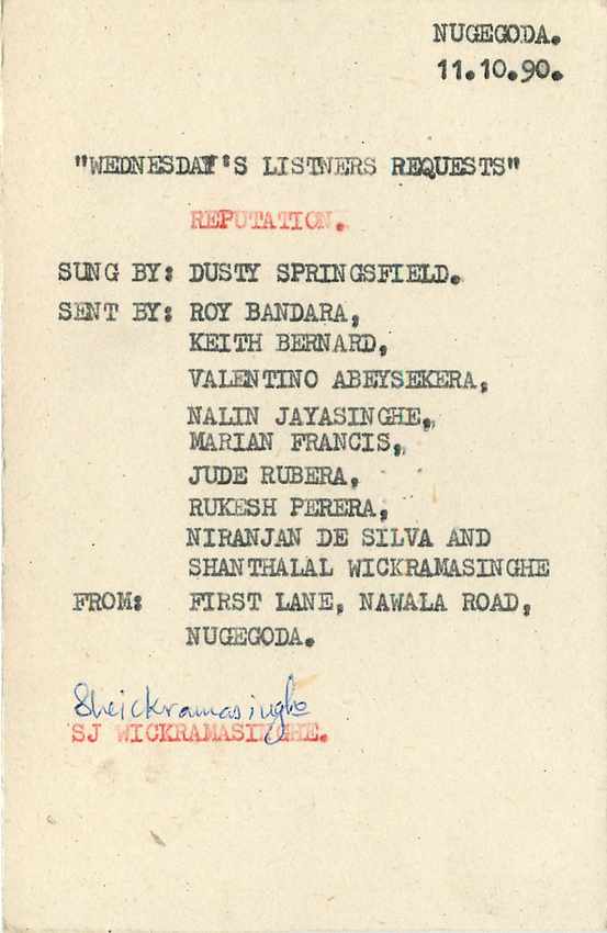Sri Lanka — Carte postale musicale pour 'Wednesday's Listeners Requests' — S.L.B.Co., Colombo — Verso