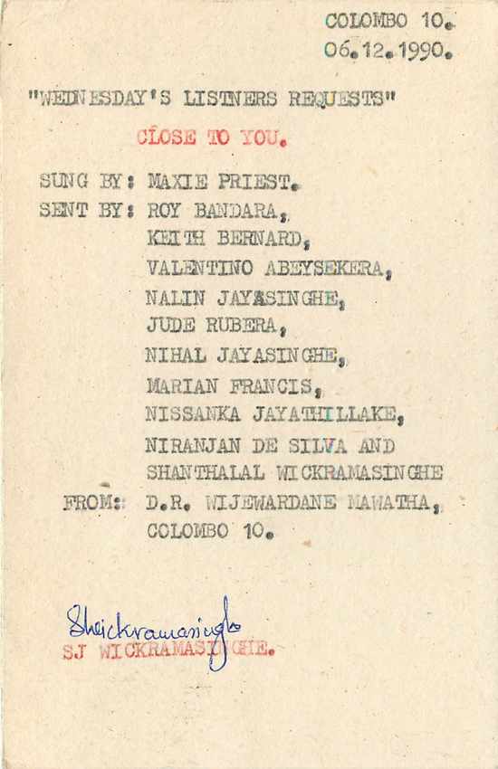 Wednesday's Listeners Requests — Sri Lanka Post Card — Rückseite
