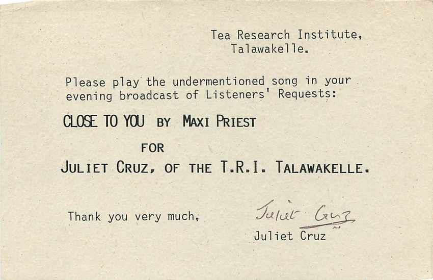 Carte postale Sri Lanka — demande de diffusion radio — éditeur Sri Lanka Broadcasting Corporation — Rückseite