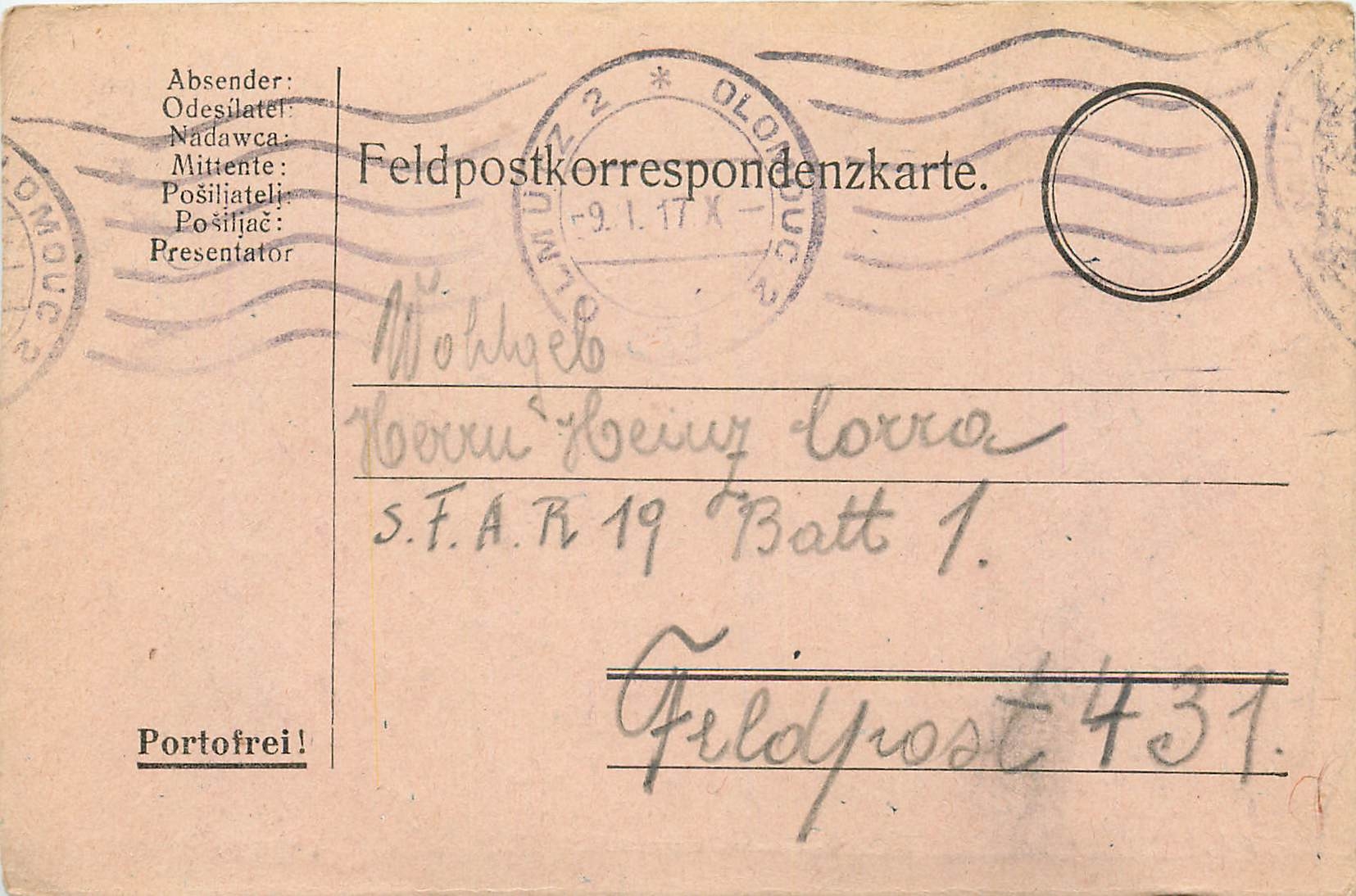 Entier Postal Postal Stationary Feldpost 431 Olomouo