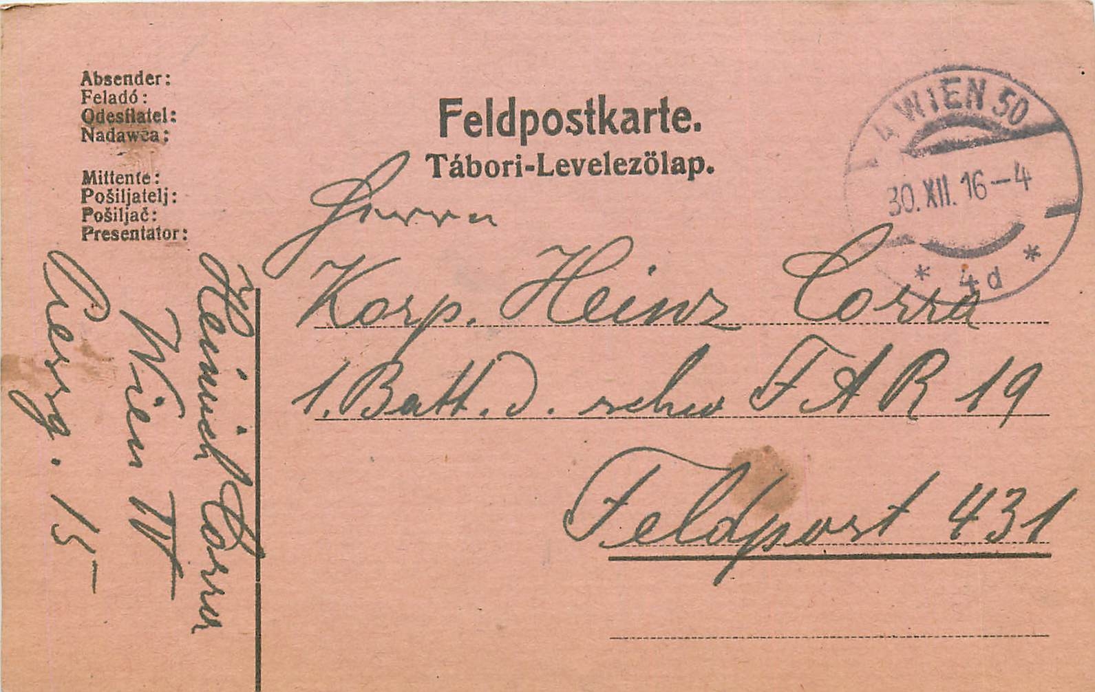 Entier Postal Postal Stationary Feldpost 431 Wien