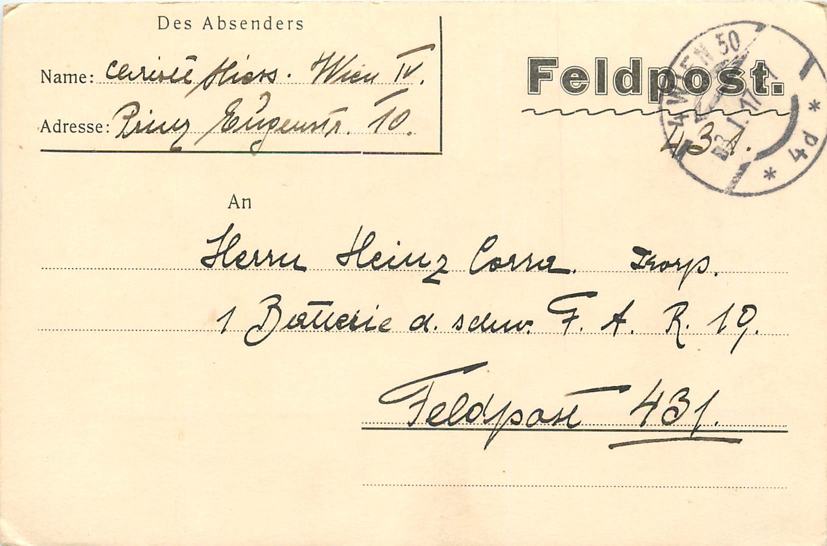 Entier Postal Postal Stationary Feldpost 431 Wien