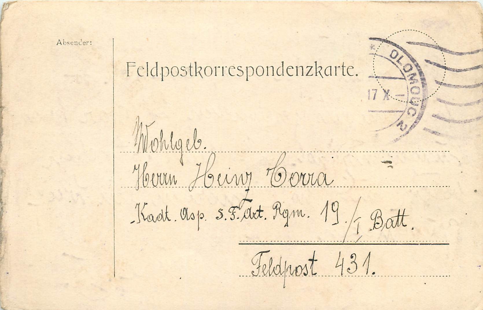 Entier Postal Postal Stationary Feldpost 431 Olomouc