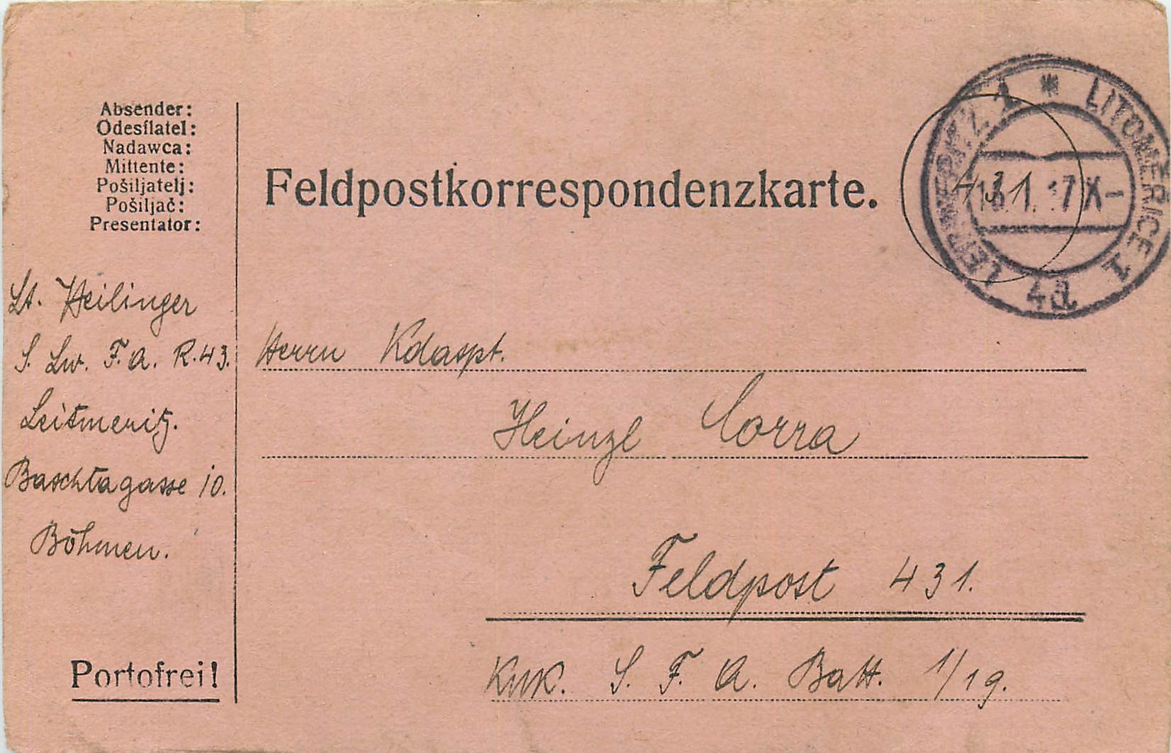 Entier Postal Postal Stationary Feldpost 431 Litomerice
