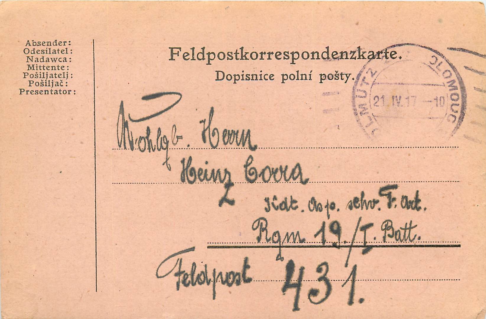 Entier Postal Postal Stationary Feldpost 431 Olomouc