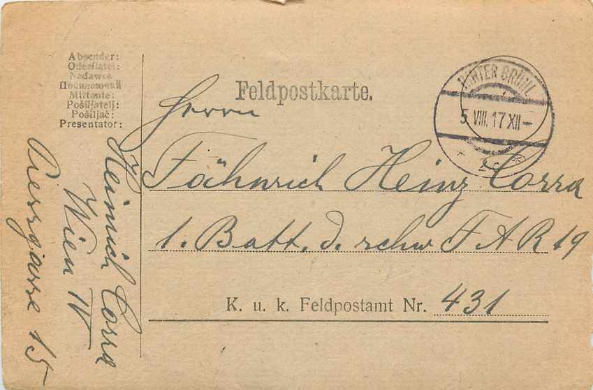 Entier Postal Postal Stationary Feldpost 431 Hinter Bruhl