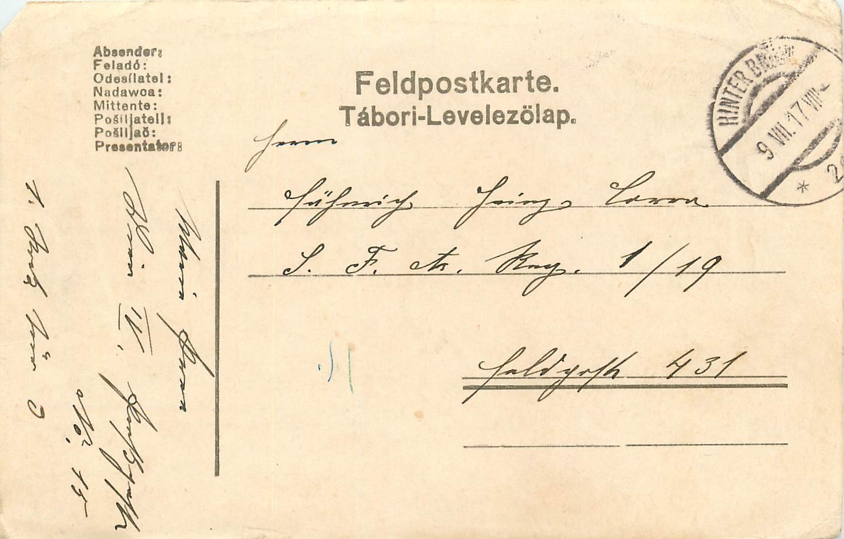 Entier Postal Postal Stationary Feldpost 431 Hinter Bruhl