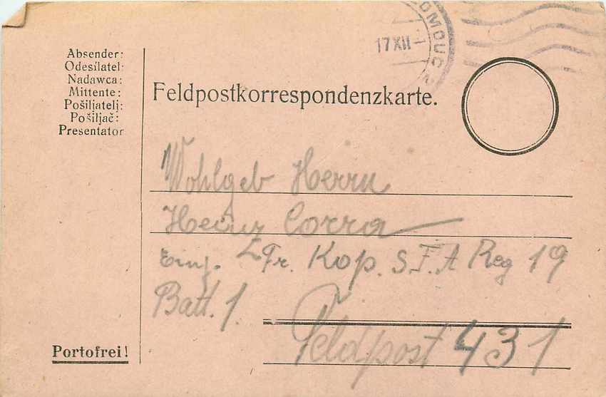 Entier Postal Postal Stationary Feldpost 431 Olomouc