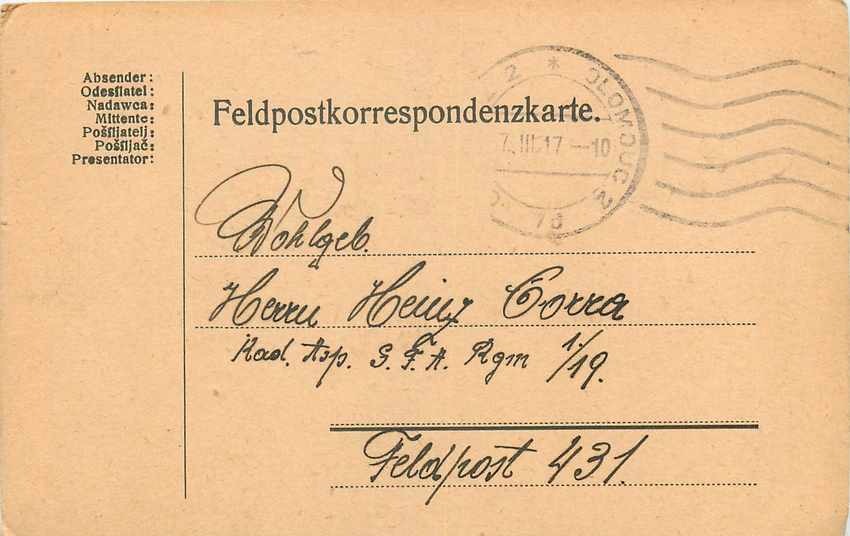 Entier Postal Postal Stationary Feldpost 431 Olomouc