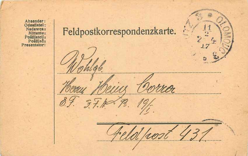 Entier Postal Postal Stationary Feldpost 431 Olomouc