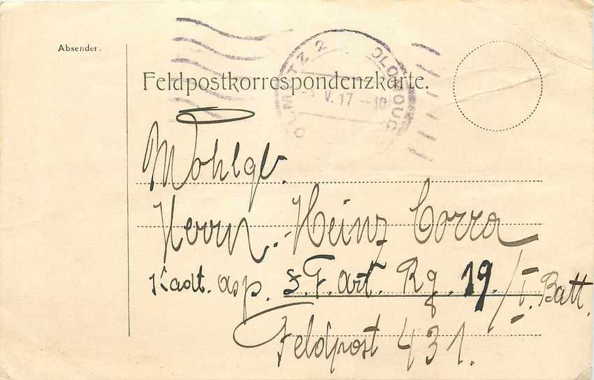 Entier Postal Postal Stationary Feldpost 431 Olomouc