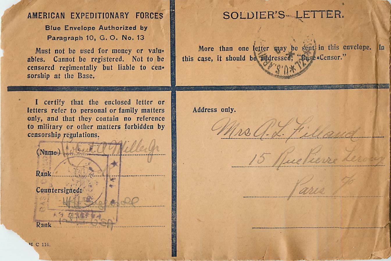 Entier Postal Postal Stationary American Expeditionary Forces 