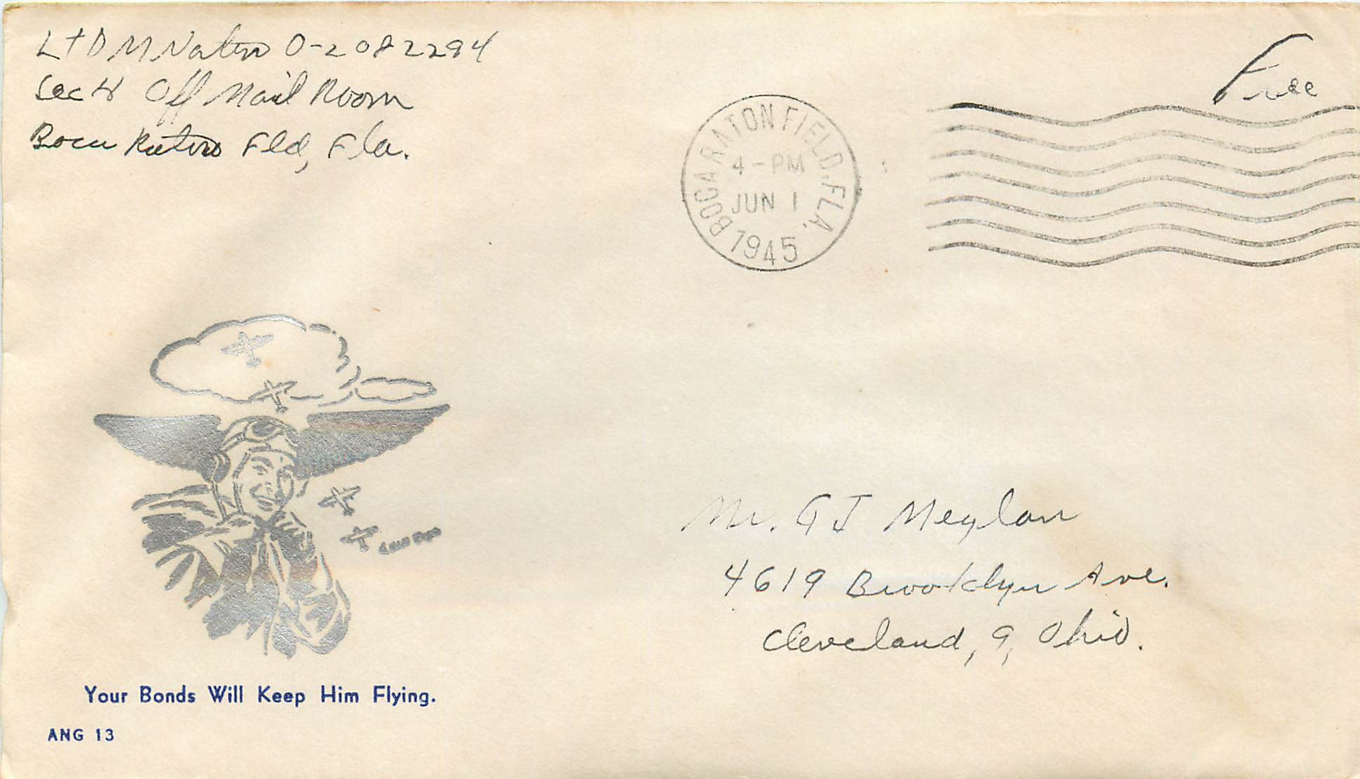 Lettre Cover Your bonds will keep him flying Aviation Avion 1945 Militaria