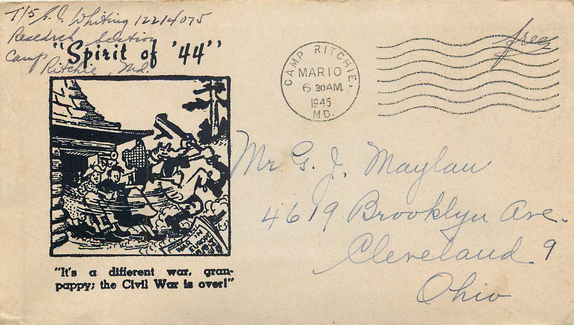 Lettre Cover 1945 Militaria Spirit of 44 Camp Ritchie