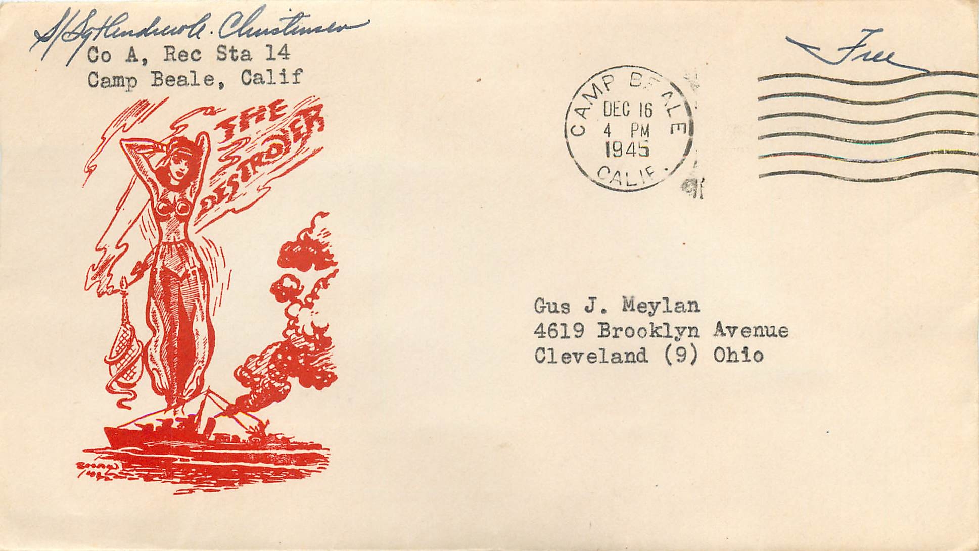 Lettre Cover Militaria 1945 Camp Beale The destroyer Bateau