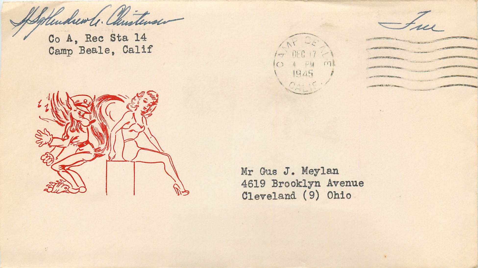 Lettre Cover Militaria 1945 Camp Beale Diable Loup Pin Up