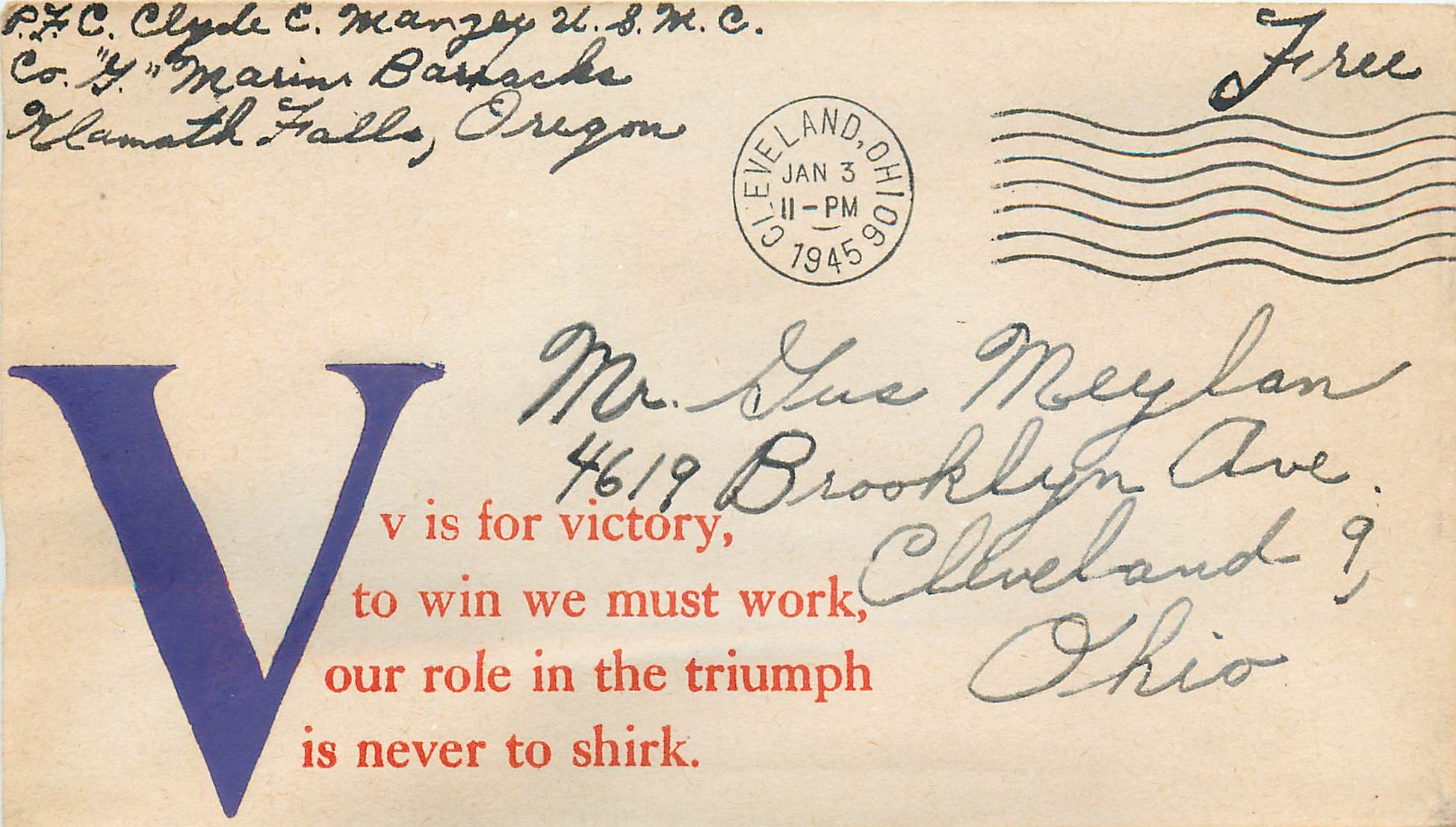 Lettre Cover Militaria 1945 V Cleveland