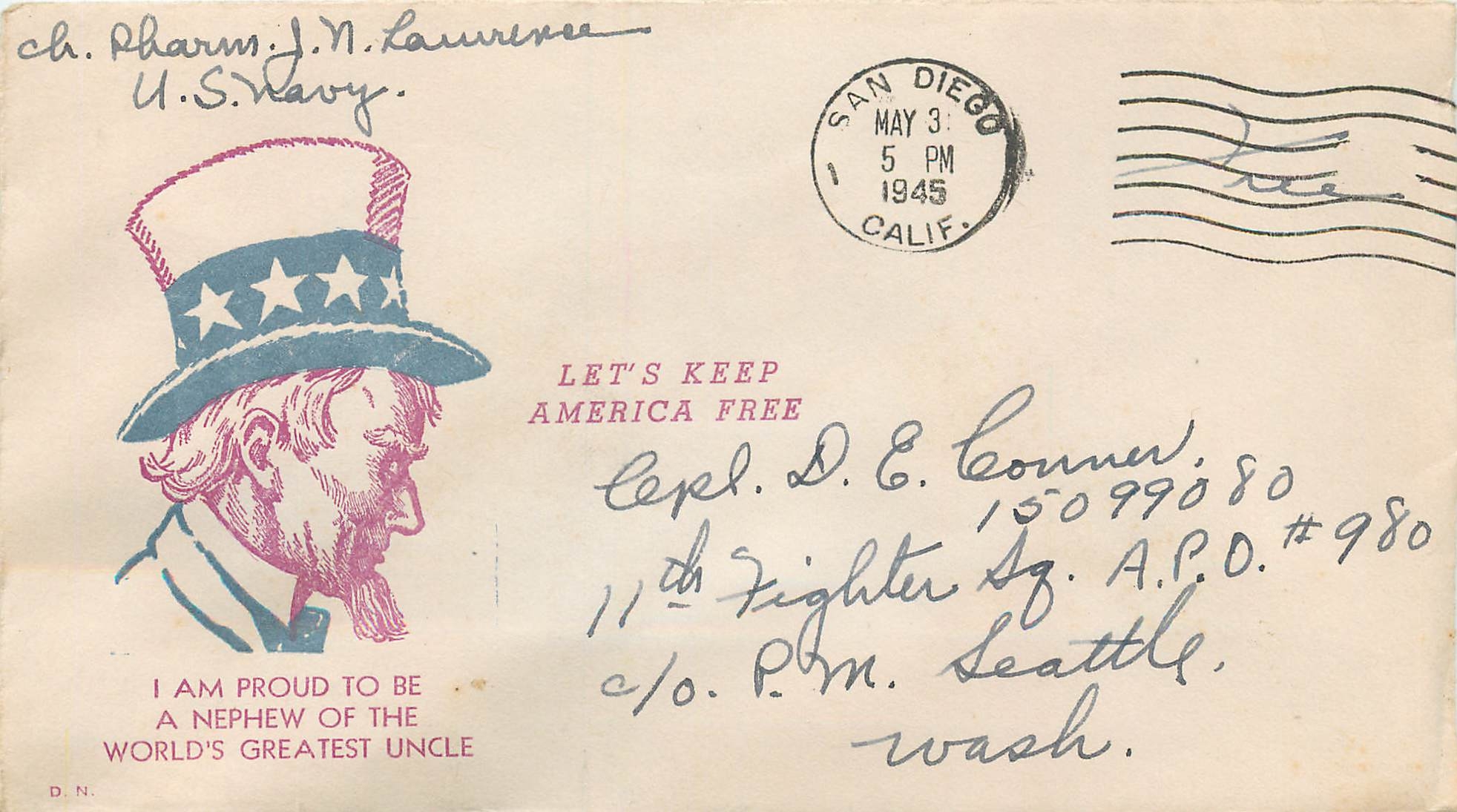 Lettre Cover Militaria 1945 V San Diego Let's keep America Free
