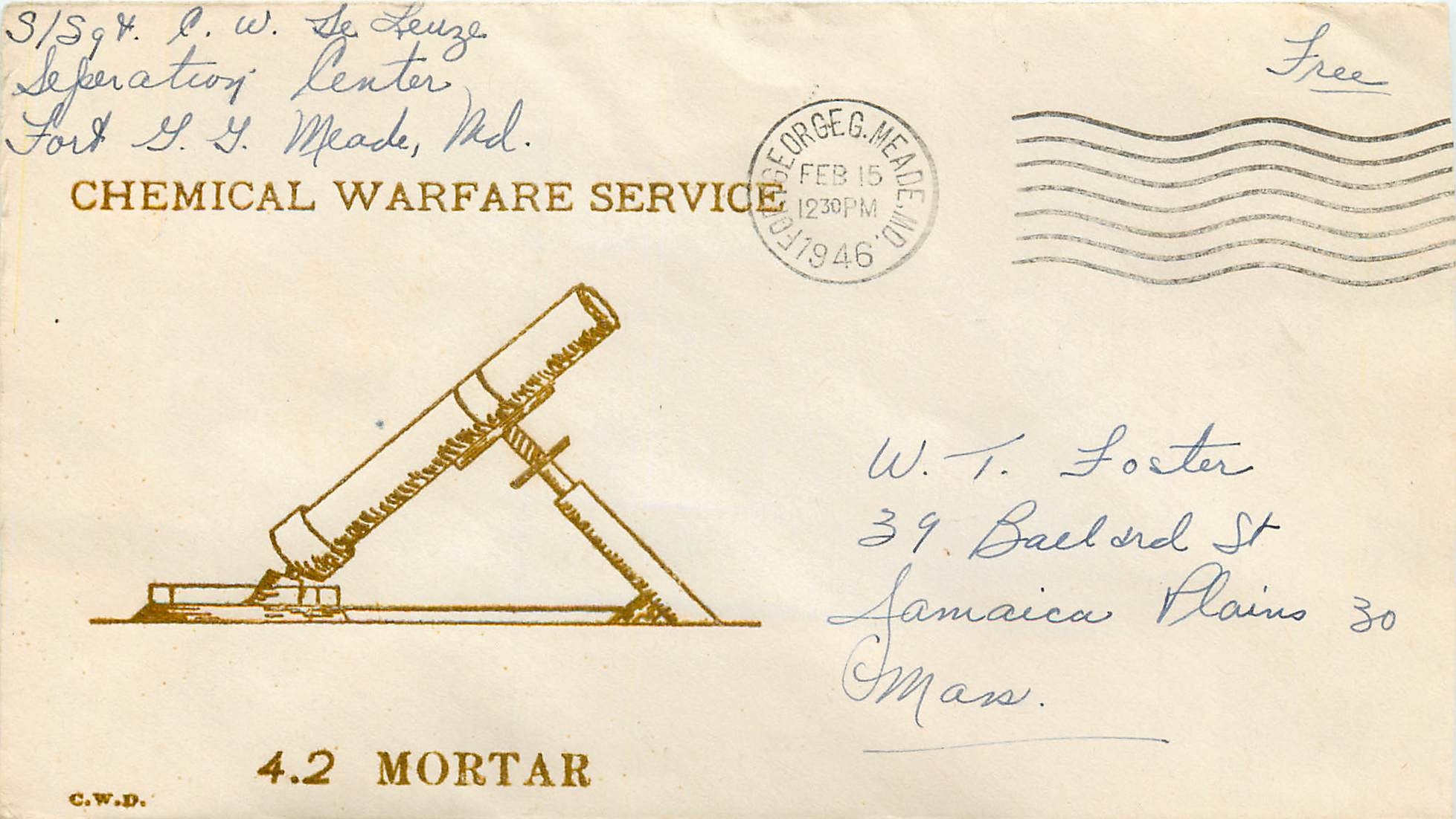 Lettre Cover Militaria 1945 1946 Mortar Chemical Warfare Service Mortier
