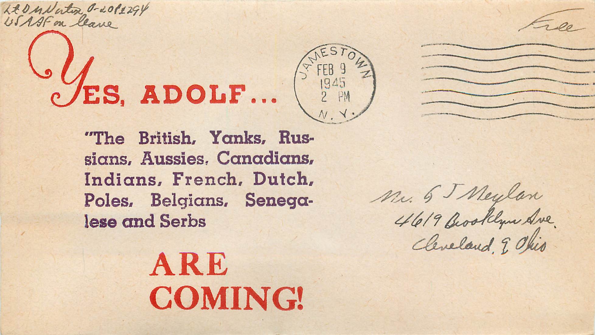 Lettre Cover Militaria 1945 Jamestown Yes Adolf Hitler