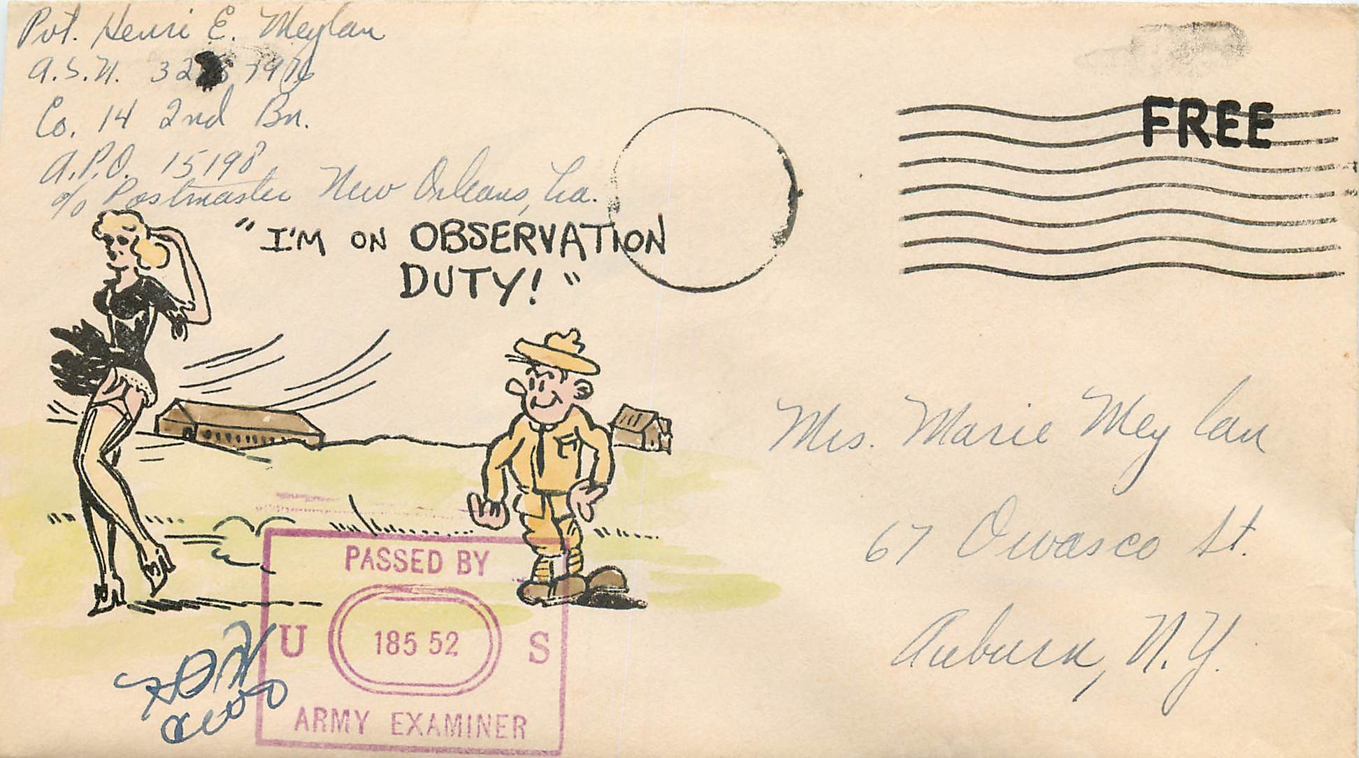 Lettre Cover Militaria I'm on observation duty Pin Up