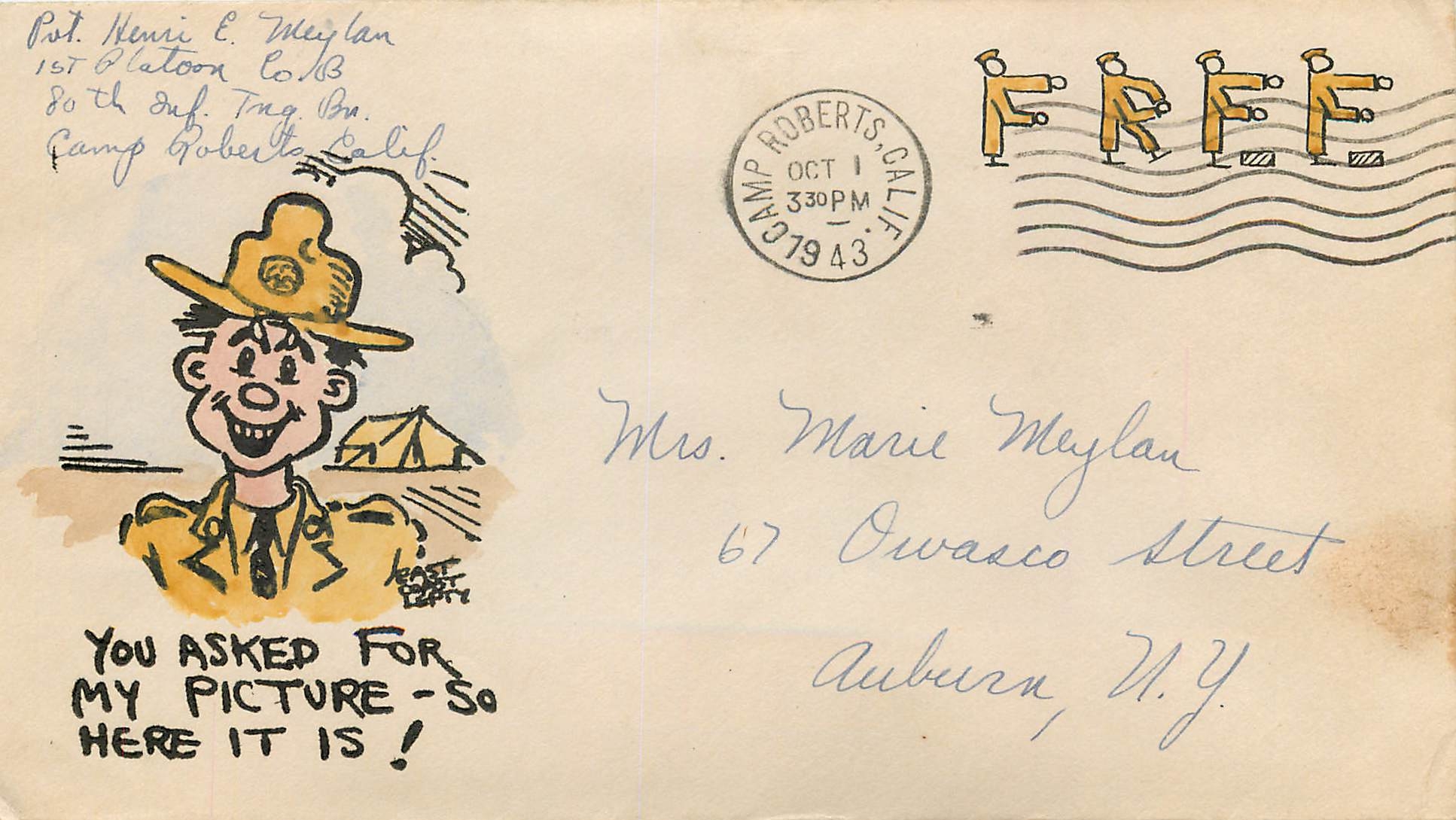 Lettre Cover Militaria 1943 You asked for my picture Camp Roberts