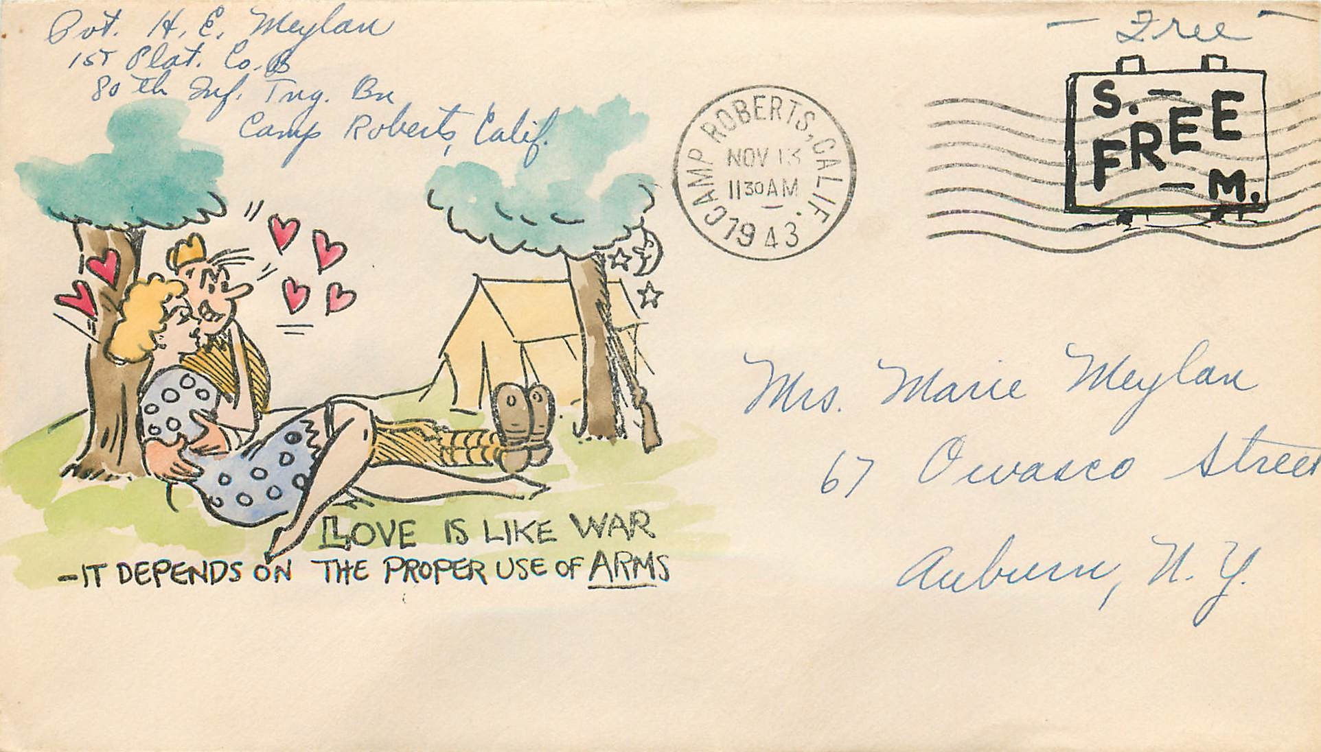 Lettre Cover Militaria 1943 Camp Roberts love is like War