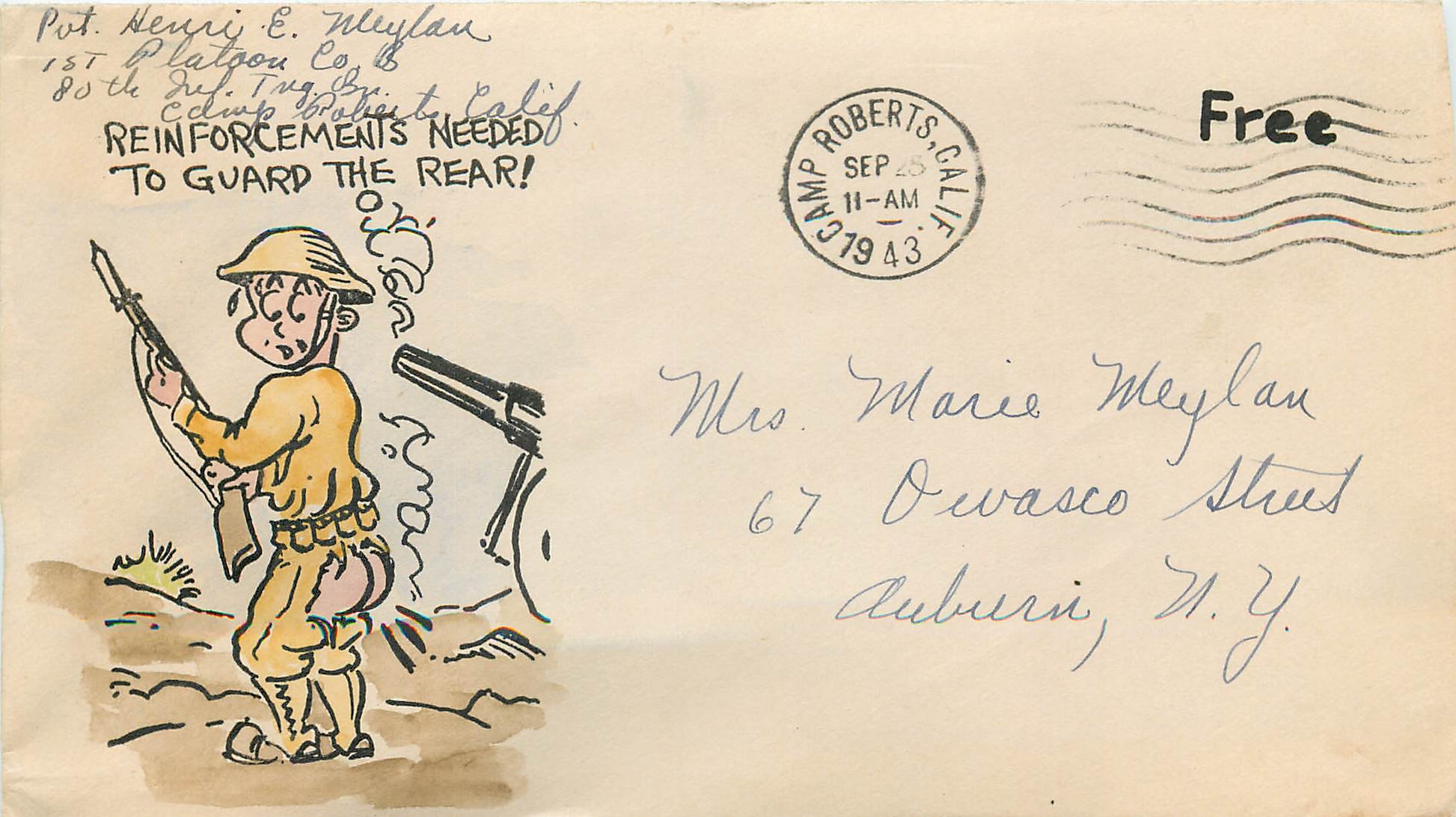 Lettre Cover Militaria 1943 Camp Roberts Reinforcemnts needed