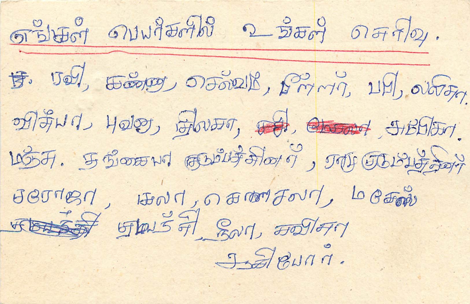 Liste de noms en tamoul — Sri Lanka — éditeur inconnu, n° de série non visible