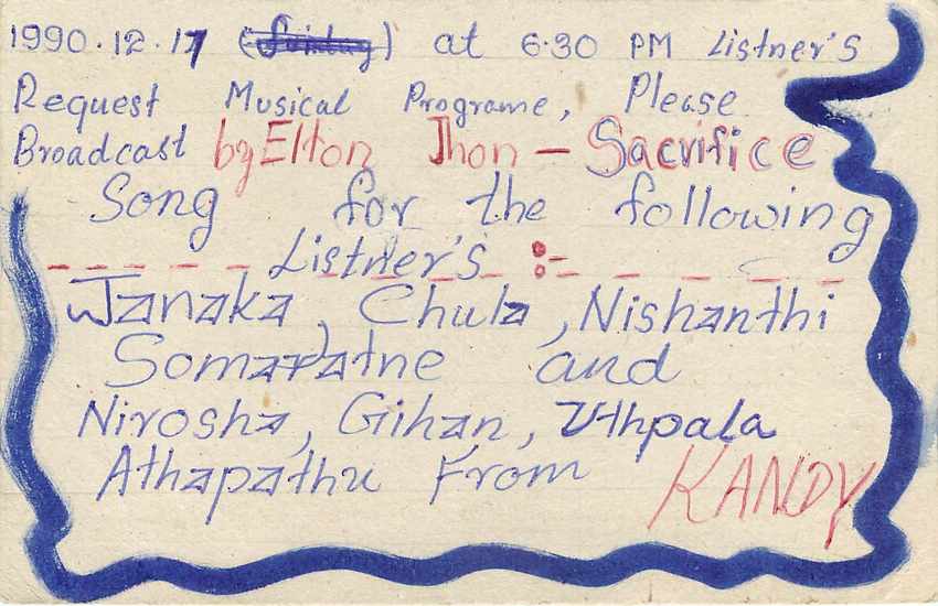 Carte postale Sri Lanka — demande de diffusion musicale — éditeur S.L.B.C. Colombo — Verso