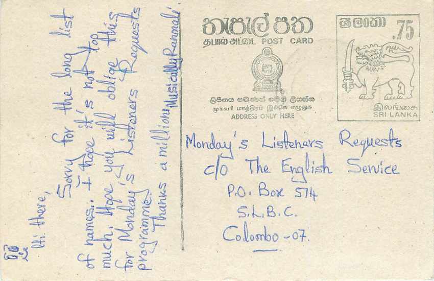 Sri Lanka — Ansichtskarte für Liedanfrage für den englischen Dienst — Verleger S.L.B.C. Nr. 75