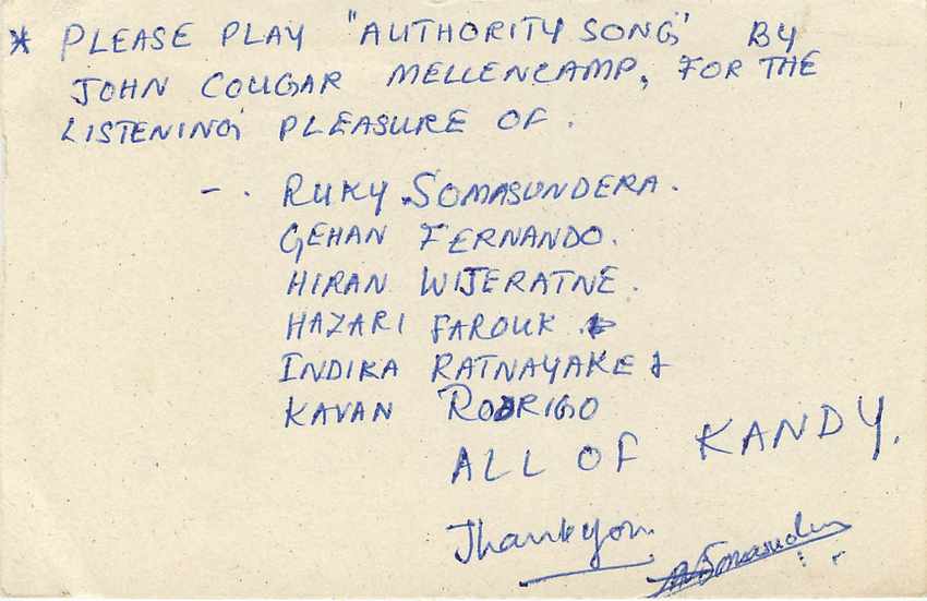 Kandy — Musikanfrage — Sri Lanka Postkarte — Rückseite