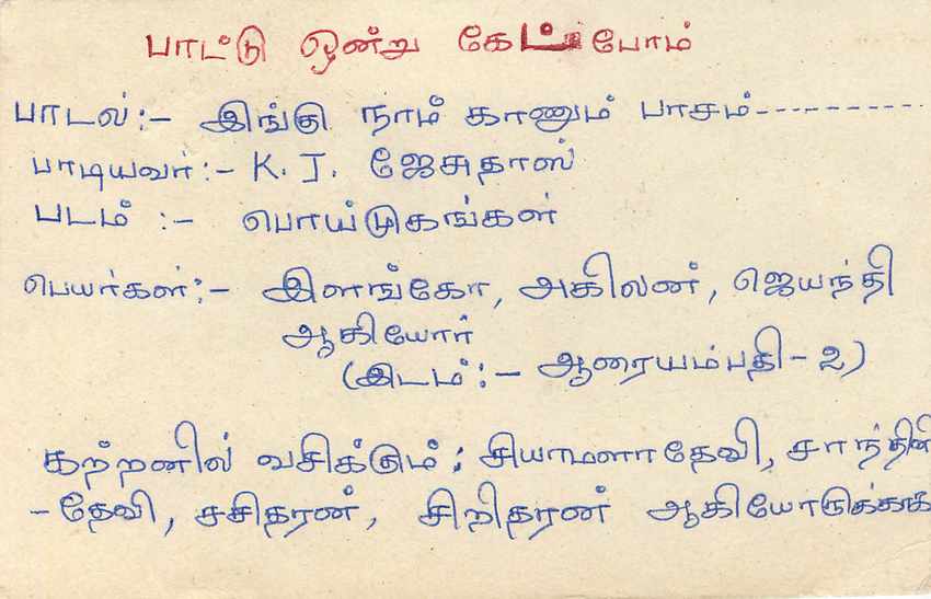 Sri Lanka — Ansichtskarte mit Stempel und Text auf Tamil — Rückseite