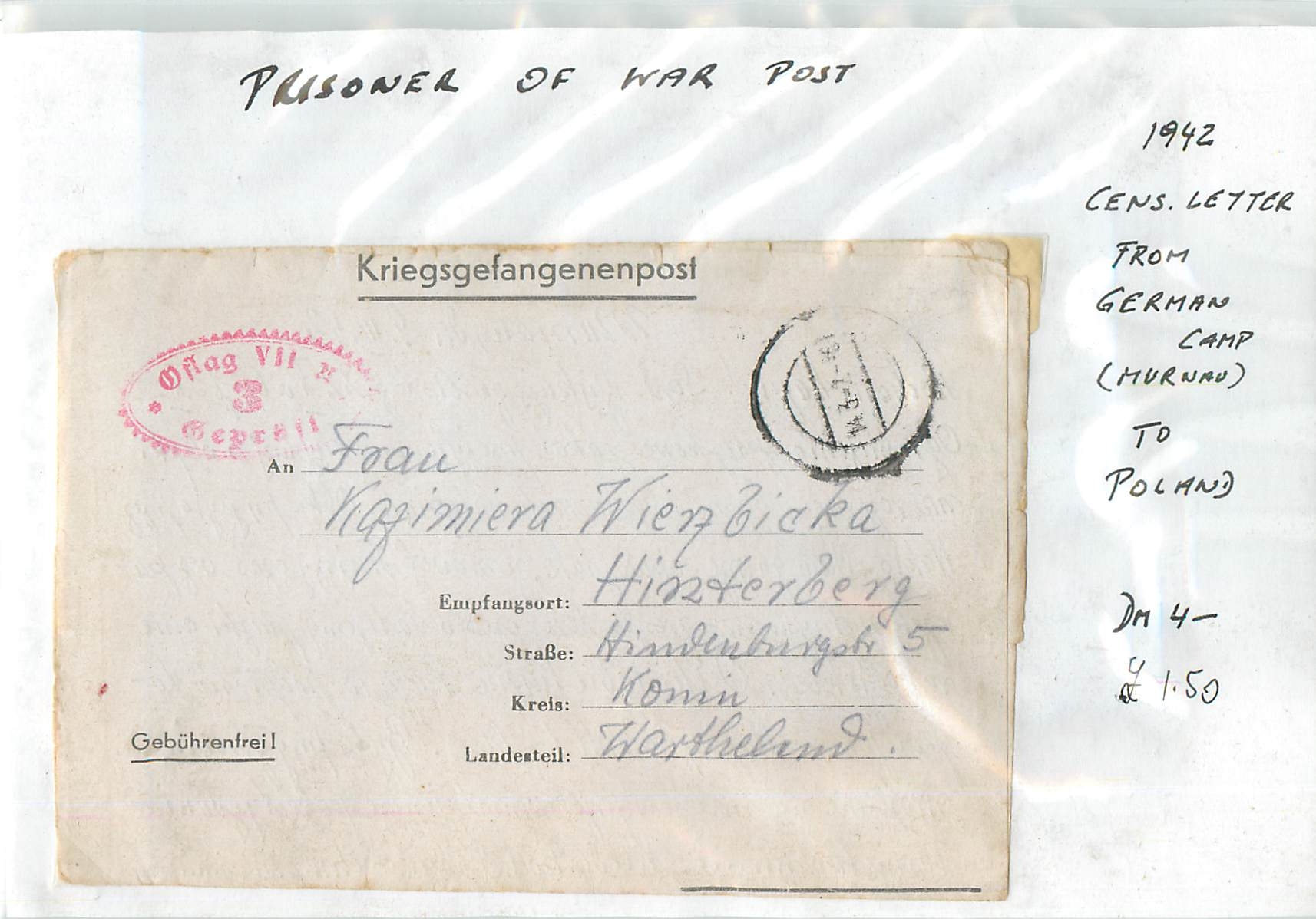 Cover Lettre Censored letter from German Camp Murnau to Poland 1942 Militaria