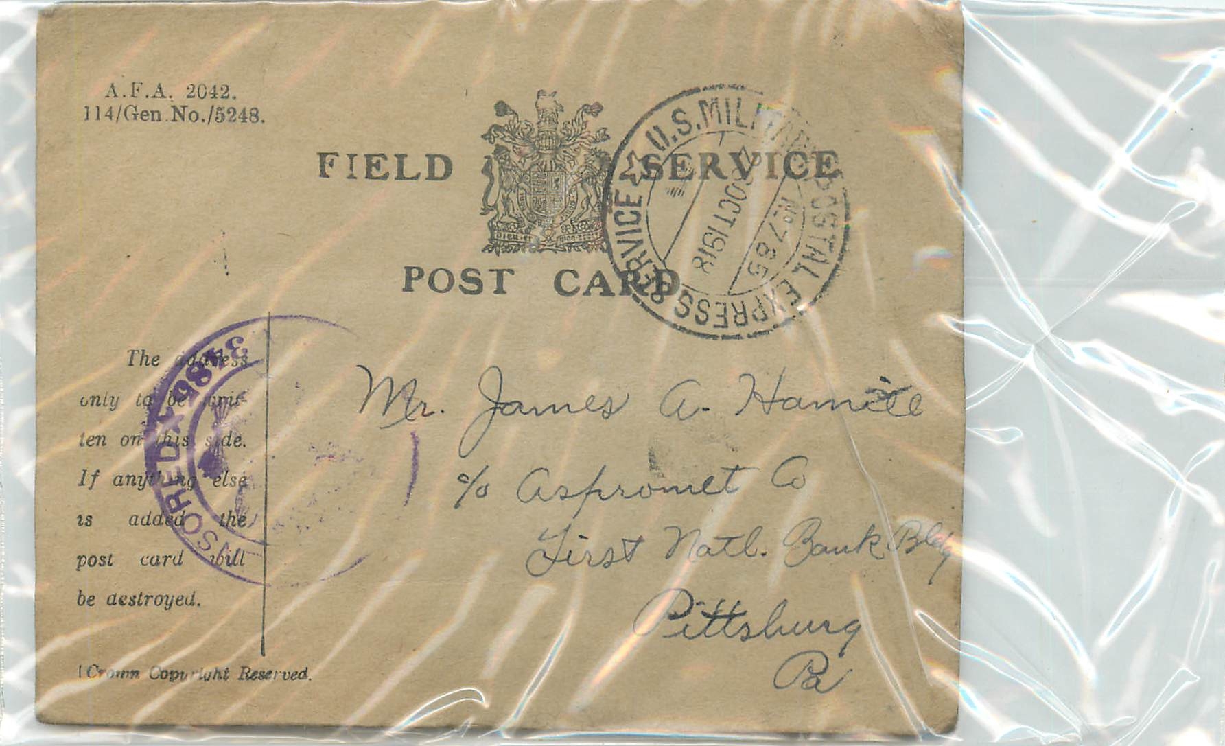 Carte US Militaria Postal Service 1918 Militaria
